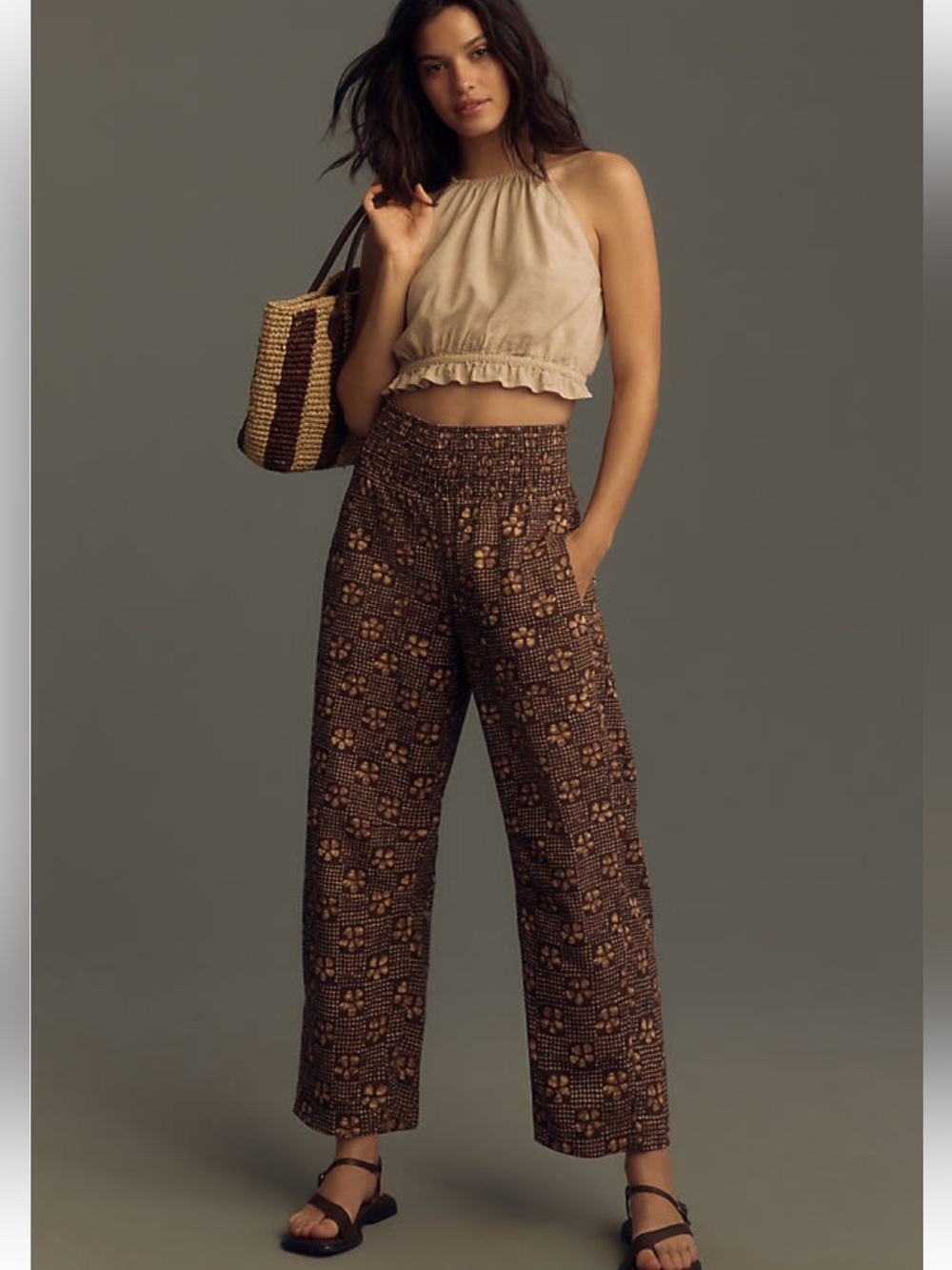 Anthropologie Pilcro The Reese Smocked Pull On Barrel Pants in Brown Floral